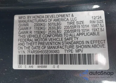 2025 Honda Cr-V Hybrid Sport Touring из США, поврежденный, VIN 7FARS6H93SE060483